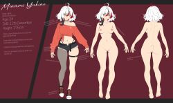 absurdres ahoge black_hair black_shoes breasts completely_nude english_commentary english_text from_behind highres medium_breasts minami_(anb_draws) mole mole_on_ass mole_on_breast mole_on_shoulder mole_on_stomach multicolored_hair nipple_piercing nipples nude original piercing red_background red_hair red_nails red_sweater reference_sheet shoes short_shorts shorts single_leg_pantyhose single_nipple_piercing smile sweater thigh_strap white_hair yanbonan yellow_eyes