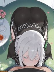 1boy 2025 ai_assisted ai_generated anime anime_girl anime_style artist_name ass bangs black_capelet black_dress blush butterfly_hair_ornament capelet colored_eyelashes cup dress echidna_(re:zero) fellatio female flower grass hair_between_eyes hair_ornament heart hi_res high_quality high_res high_resolution highres long_hair long_sleeves looking_at_viewer oral outdoors patreon patreon_username penis pov re:zero_kara_hajimeru_isekai_seikatsu rinkoai solo_focus straight striped striped_dress table teacup uncensored vertical-striped_dress vertical_stripes watermark white_hair