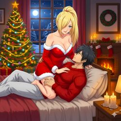 1boy1girl ai_generated anime anime_style beautiful bed bed_covers big_breasts bimbo black_hair_male blonde_ponytail blue_eyes candlelight casual_clothes christmas christmas_tree cleavage crossover crossover_couple fairy_tail fantasy fireplace forest_background gray_fullbuster hot house imminent_sex ino_yamanaka intimacy kunoichi lovely lovers mage manga moon naruto_(series) naruto_shippuden off_shoulder ornament pants santa_dress seductive_body seductive_smile sexy shonen_jump smiling_at_partner snow straddling sweater wood