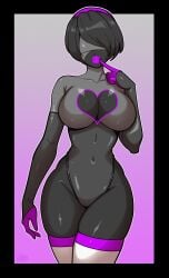 1girls 2b_(nier:automata) bad_tag bimbo_lips bimbofication black_border black_skin blindfold bob_cut border breasts camisole cleavage cleavage_cutout clothing_cutout colored_skin covered_navel curvy cuteemmy cyborg dark-skinned_female dark_skin droid elbow_gloves finger_to_mouth gloves grey_gloves grey_leotard hairband heart hentai-foundry_username highcut highleg highleg_leotard huge_breasts huge_lips jpg jpg_conversion jpg_file latex latex_gloves latex_leotard latex_thighhighs legs leotard lips lipstick long_legs makeup multicolored_leotard nier:automata nier_(series) purple_background purple_lips purple_trim robot sex_droid shiny_skin short_hair sideboob small_nose square_enix standing thick_thighs thighhighs thighs third-party_edit two-tone_background two-tone_leotard white_hair white_thighhighs wide_hips yorha_2b