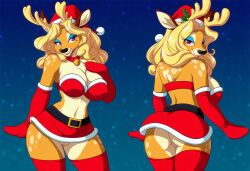 1girls ai_generated animal_ears animal_nose anthro antlers ass back back_view backboob bare_shoulders bare_thighs bell belly belly_button belt belt_buckle big_ass big_breasts big_butt black_belt black_nose blonde blonde_female blonde_hair blue_eyeshadow boobs booty breasts brown_body brown_fur choker christmas cleavage clothed cocked_hip collar crop_top deer doe ears eyelashes eyeshadow female festive front_view fur furry girl gloves gold_bell gold_buckle h3nt_ai hand_on_breast hat holidays large_ass large_breasts long_eyelashes long_hair looking_at_viewer looking_back magenta_eyes mistletoe mittens mole mole_under_eye multiple_angles multiple_views naughty_face navel night novelai outdoors outside peeking_pussy pink_eyes pose posing pussy rear_pussy rear_view red_bra red_gloves red_mittens red_skirt red_socks red_stockings reindeer santa_bra santa_costume santa_gloves santa_hat santa_skirt self_upload sexy sexy_body sexy_pose short_fur sideboob skimpy skimpy_clothes skimpy_outfit skirt snout snow snowflake snowflakes snowing socks solo spotted_body spotted_fur stockings thick_ass thick_butt thick_eyelashes thick_thighs thighs titties tube_top tubetop two-tone_body two-tone_fur upskirt vagina vixen_(reindeer) vulva wavy_hair