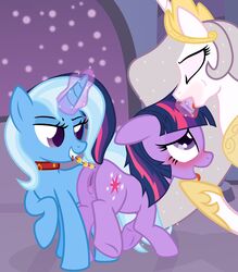 20pixels ahe_gao alicorn anal_beads anus blush clitoris collar cutie_mark equine female friendship_is_magic glowing high_resolution horn hornjob magic my_little_pony princess_celestia_(mlp) pussy sex_toy straight_hair threesome trixie_(mlp) twilight_sparkle_(mlp) unicorn wings yuri