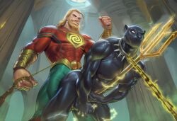 2boys ai_generated aquaman aquaman_(series) bara black_clothing black_panther_(marvel) blonde_hair bondage bulge bulge_through_clothing chains clothed dark-skinned_male dark_skin dc_comics electrostimulation forced_orgasm from_behind_position interracial male male/male male_only marvel marvel_comics muscles muscular muscular_male tight_clothing trident yaoi