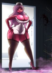 big_breasts big_hips big_thighs blood_on_wall blood_splatter blood_stain cum_on_the_ground cum_on_wall evil_grin evil_smile garter_belt grin grinning huge_boobs huge_breasts huge_hips huge_thighs imposing large_boobs large_breasts large_hips large_thighs magenta_body magenta_hair magenta_skin nurse nurse_cap nurse_clothing nurse_hat nurse_headwear nurse_outfit nurse_uniform original_character pink_hair pink_heels pink_skin red_eye red_iris sexy_pose stiletto_heels unknown80000 white_dress white_dress_shirt wide_hips wide_thighs