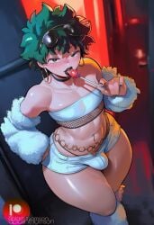 1boy ai_generated bare_midriff black_lipstick black_nail_polish bulge choker femboy freckles freckles_on_face fur_boots fur_sleeves green_eyes green_hair hand_on_hip izuku_midoriya licking_lollipop light-skinned_femboy light-skinned_male light_skin lollipop male male_only my_hero_academia navel_piercing penis prostitution saliva saliva_trail shiny_skin short_hair short_shorts shorts side_view slutboy solo splashthomson standing sunglasses_on_head white_clothing white_shorts
