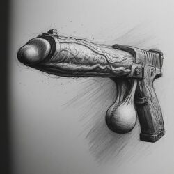 ai_generated cock dick gun handgun inanimate inanimate_object inanimate_object_w/_genitals male monochromatic monochrome non-human pencil penis penis_gun penis_weapon pistol scrotum testicles weapon weaponized_penis