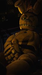 3d_(artwork) absurd_res animatronic balls bodily_fluids bow_tie close-up closed_eyes cum cum_on_body cum_on_penis digital_media_(artwork) ejaculation erection five_nights_at_freddy's fredbears_family_diner genital_fluids genitals green_eyes half-closed_eyes hand_on_penis hi_res holding_penis humanoid_genitalia humanoid_penis inside lagomorph leporid machine male mammal masturbation mouth_closed narrowed_eyes orgasm orgasm_face pe1wer penis rabbit rabbit_ears robot robot_anthro scottgames solo spring_bonnie_(fnaf) teeth yellow_body