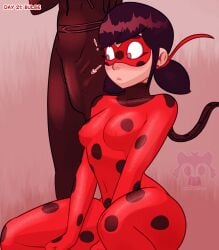 1boy 1girls 2d adrien_agreste artist_logo blue_eyes blush bodysuit bulge cat_noir clothed clothed_female cock_shock color domino_mask erection_under_clothes evil_raccoon female female_focus flushed_face fully_clothed gradient_background inktober kinktober ladybug_(character) male marinette_dupain-cheng miraculous:_tales_of_ladybug_and_cat_noir miraculous_ladybug nervous nipple_bulge non-nude partial_male penis_awe penis_bulge pigtails shocked simple_background staring_at_penis straight superhero superheroine teenagers tight_clothing