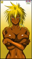 1girls arrancar bleach blonde_hair breasts covering covering_self crossed_arms dark-skinned_female dark_skin espada female female_only green_eyes hair human looking_at_viewer nude simple_background solo tattoo tia_harribel