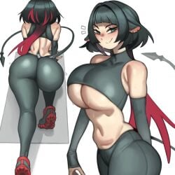 2026 2d_(artwork) absurdres animal_ears ass black_shorts blush breasts bubble_butt female green_eyes hair highres jacket jane_doe_(zenless_zone_zero) kelvin_hiu large_breasts lips looking_at_viewer mouse_ears mouse_girl mouse_tail multicolored_hair pants red_hair simple_background smile solo tail two-tone_hair white_background zenless_zone_zero