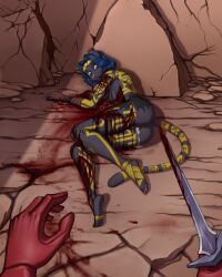 anthro anus areola ass blood blood_on_sword blood_on_weapon blood_puddle bodily_fluids bottomwear breasts clothing conquistabear cum cum_from_vagina cum_in_vagina cum_inside digital_media_(artwork) domestic_cat execution feet felid feline felis female first_person_view fur genital_fluids genitals gore guts hair hi_res holding_melee_weapon holding_object holding_sword holding_weapon imminent_death intestines leaking_cum lying mammal melee_weapon mostly_nude nipples on_side open_mouth organs plantigrade pussy snuff soles solo sword tail teeth toes torn_bottomwear torn_clothing vulva weapon wounded