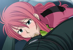 belt blue_eyes blush censored feldt_grace fellatio female gundam gundam_00 jacket long_hair oral penis pink_hair saliva sweat tear vogue