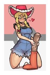 blonde_hair blue_eyes clothed cowboy_hat cowgirl cowgirl_hat diddlesdoodles dildo freckles freckles_on_face horse_dildo horse_penis horsecock kitt_(pokemon) large_dildo medium_breasts nintendo on_knees overalls pokemon pokemon_champions smile smug tan_body tan_skin tanline thick_eyebrows thighs