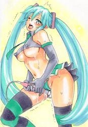 aqua_eyes aqua_hair blush calligraphy_brush_(medium) clothed_masturbation clothing color elbow_gloves erect_nipples female gloves hatsune_miku hitachi_magic_wand long_hair masturbation millipen_(medium) navel necktie open_mouth panties rodeorodeo skirt solo striped striped_legwear sweat tear thighhighs tied_hair tongue tongue_out traditional_media trembling twintails underboob underwear very_long_hair vocaloid wince wink