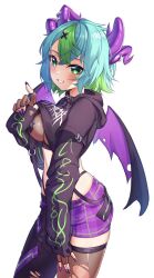 1girls arched_back ass asymmetrical_legwear black_collar black_hoodie black_panties black_pants blush breasts clothes_lift collar colored_inner_hair contrapposto crop_top cropped_hoodie cross cross_pasties demon_horns demon_wings female fingerless_gloves fingernails fishnet_clothing fishnet_thighhighs fishnet_top fishnet_topwear fishnets froot gloves green_eyes green_hair grin hair_ornament highleg highleg_panties highres hood hoodie horns indie_virtual_youtuber long_fingernails long_sleeves looking_at_viewer medium_breasts multicolored_hair multiple_horns nail_polish nipple_pasties panties pants pasties petite petite_body petite_female purple_horns purple_nails purple_shorts rooby_n shirt_lift short_hair shorts single_fishnet_legwear slim_waist smile solo spiked_collar spikes streaked_hair teeth thighhighs torn_clothes torn_pants torn_sleeves torn_wings underwear virtual_youtuber vtuber waist white_background wings x_hair_ornament
