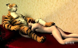 3d anthro bed dragonfood erection feline fellatio fur furry gay human interspecies male oral oral_sex penis sex tiger