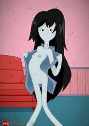 1girls adventure_time black_hair blush breasts cartoon_network erect_nipples fangs female marceline mr._j navel no_bra no_panties pussy smile solo undressing vampire very_long_hair