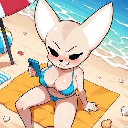 aggressive_retsuko aggretsuko ai_generated anthro beach beach_background beach_towel beach_umbrella big_breasts bikini blush breasts camel_toe canid canine cellphone clothed clothing female fennec fenneko fox holding_object holding_phone huge_breasts mammal navel outside phone sand sanrio sea seashell seaside shell smartphone smile smug solo swimwear topwear towel water