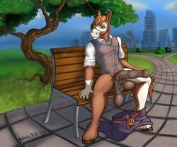 2020 amber_wind animal_genitalia animal_penis anthro ball_hanging_over balls ballsack bench big_balls bottomwear brown_balls brown_body brown_fur brown_penis clothed clothing dangling_testicles detailed_background digital_media_(artwork) equid equine equine_penis erection fur genitals green_eyes head_markings hooves horse horseballs horsecock low_hanging_balls male male_only mammal markings medial_ring outside pants pants_down park partially_clothed penis presenting presenting_balls presenting_penis public sagging_balls scrotum shirt sitting solo spread_legs spreading testicles topwear vyktor_dreygo white_body white_fur white_markings