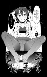 akino_sora blush clothing feet female footjob gertrud_barkhorn highres monochrome no_shoes open_clothes panties panties_under_pantyhose pantyhose penis small_breasts smile strike_witches sweat text tied_hair toes translation_request twintails underwear untied world_witches_series