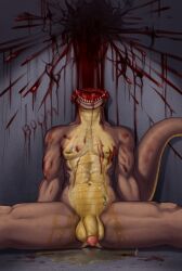 anthro areola balls blood blood_on_wall blood_splatter bodily_fluids conquistabear cum cum_on_belly cum_on_body death digital_media_(artwork) fingers flaccid genital_fluids genitals gore guro head_explosion hi_res humanoid_genitalia humanoid_penis lizard male male_death male_focus male_ryona navel nipples nude pecs peeing penis reptile scalie sitting snuff solo spread_legs spreading tail teeth text urination urine urine_on_body urine_on_ground urine_pool watersports