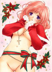 belly_chain breasts cleavage cross female jewelry large_breasts marker_(medium) navel necklace original pink_hair purple_eyes pussy solo traditional_media underboob yukaxcat