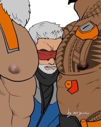 3boys areyouhun bara beard big_pecs dark-skinned_male dark_skin gay h1areyhunh1 male male_only mauga muscular muscular_male overwatch overwatch_2 reinhardt soldier_76 yaoi