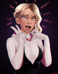 1girls ahe_gao asymmetrical_hair blonde_hair breasts clothed drooling eyebrow_piercing freckles gwen_stacy gwen_stacy_(spider-verse) marvel medium_breasts piercing piercings rolling_eyes saliva shadman short_hair spider-gwen spider-man spider-man:_into_the_spider-verse spider-man_(series) superheroine tomboy tongue_piercing tooth_gap undercut