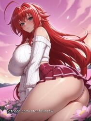 1girl 1girls ahoge ai_generated alternate_breast_size artist_name ass bare_shoulders big_ass big_breasts blue_eyes blush blush_lines blushing blushing_at_viewer breasts breasts_bigger_than_head bubble_ass bubble_butt cleavage closed_mouth clothed clothed_female cloud cowboy_shot crossed_bangs curvaceous curvaceous_body curvaceous_female curvaceous_figure curves curvy curvy_body curvy_female curvy_figure curvy_hips english_text female female_focus female_only field flower flower_field from_front front_view fully_clothed hair_between_eyes high_school_dxd hourglass_figure huge_ahoge huge_ass huge_breasts huge_butt impossible_clothes large_ass large_breasts long_hair long_sleeves looking_at_viewer miniskirt narrow_waist off-shoulder_sweater off_shoulder outdoors parted_lips patreon_logo patreon_username petals pink_flower pleated_skirt red_hair red_skirt rias_gremory ribbed_sweater shiny_skin sitting skirt sky smile solo solo_female solo_focus standing starfallnsfw sweater taut_clothes thick thick_ass thick_thighs thighs thin_waist tight_clothes twisted_torso very_long_hair web_address white_sweater wide_ass wide_hips