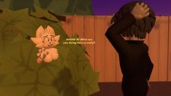 3d 3d_(artwork) alternate_version_available anon anthro anthro_female blush blush_lines bush caught caught_masturbating chest_tuft clothed clothed/nude clothed_male clothed_male_nude_female dialogue embarrassed embarrassed_expression embarrassed_female embarrassed_naked_female embarrassed_nude_female feline_humanoid fence flower_in_hair furry furry_female furry_with_non-furry grey_pawpads hand_behind_head hand_on_hip hiding_in_bushes high_quality human human_male looking looking_at_another naturally_censored no_nipples no_nipples_visible pawpads paws poking_out rec_room scratching_head self_upload shaded small_pupils sunny_(melodynotmel) syntholsoul text white_body white_fur yellow_text