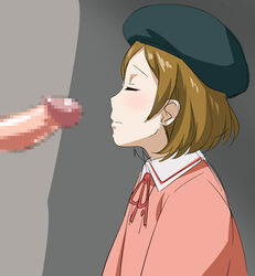 beret blush brown_hair censored character_request closed_eyes copyright_request female hat mosaic_censoring penis ribbon short_hair sketch solo youkan