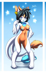 ashiji_(character) black_hair blue_blood blue_eyes breasts collar dragon female hair hybrid mn_xenx multiple_tails nipples pussy