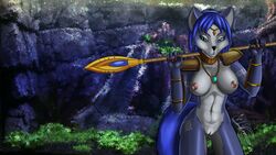 1girls anthro blue_fur breasts canine chronoreaper female forest fox jewelry krystal nintendo nipples nude polearm pussy rock solo staff star_fox tiara tree video_games