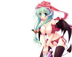 breasts cleavage condom dildo green_hair horns kagiyama_hina long_hair nipples stockings tail touhou uncensored vagina white_background wings yayoi_and_nagi