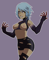 anti-aqua aqua_(kingdom_hearts) bike_shorts blue_hair breasts disney gwallfi half-dressed kingdom_hearts kingdom_hearts_iii nipples smile square_enix tagme tights torn_clothes