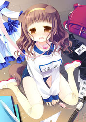 animal_ears backpack bag blush breasts brown_eyes brown_hair buruma clothing collar dog_ears dress from_below gym_uniform hairband higanbana_no_saku_yoru_ni highres impossible_clothes instrument kusunoki_midori large_breasts leash looking_up musical_instrument pussy_juice randoseru recorder_(musical_instrument) sakurazawa_izumi school_swimsuit short_hair sitting swimsuit tail tear thighhighs vibrator woodwind_instrument