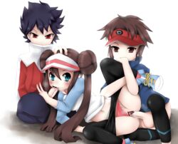 2boys black_hair blue_eyes blush brown_eyes clothed_sex double_bun fellatio female hat hugh_(pokemon) human hyuu_(pokemon) kyouhei_(pokemon) male midriff multiple_males nate_(pokemon) navel nintendo oral panties panties_aside pantyhose pantyhose_pull pink_panties pixiv_manga_sample pokemon pokemon_bw pokemon_bw2 red_eyes rosa_(pokemon) spitroast straight tilapiacanth underwear visor_cap