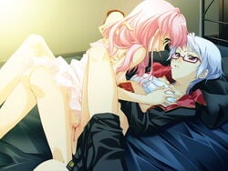 1boy 1girls blood breast_binding chest_wraps female femboy femboy_on_female game_cg hetero kenbishi_seika male male/female narumi_suzune ooyama_rui oto_puri penetration pink_hair sex straight tomboy virgin virginal_blood virginity_loss white_hair