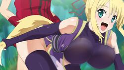 animal_ears bent_over blonde_hair bouncing_breasts breasts clothing dog_days elbow_gloves erect_nipples fox_ears from_behind gloves green_eyes happy_sex highres japanese_clothes large_breasts looking_back motion_blur open_mouth sex socks tail yukikaze_panettone