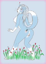 antennae anthro bee bee_sting blue blue_fur blush breasts canine female fur furry hair nude open_mouth pain pussy