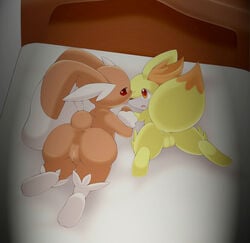 ass bed canine female fennec fennekin feral fox from_behind lagomorph licking lopunny nintendo pokemon pokemon_(species) pussy rabbit schnecken tongue video_games yuri