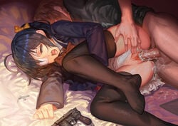 ahoge alphonse_(white_datura) black_hair black_legwear blue_eyes bow bow_panties censored chuunibyou_demo_koi_ga_shitai! cross cum cum_in_pussy cum_inside eye_patch feet female from_behind gun hairbow handgun highres lying mauser_c96 no_shoes on_side open_mouth panties panties_aside penis pistol pussy school_uniform sex short_hair side_ponytail skirt takanashi_rikka testicles thighhighs togashi_yuuta tongue tongue_out underwear vaginal_penetration weapon white_panties