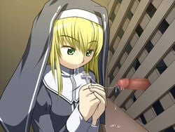 blonde_hair crucifix cum cum_drip cum_in_mouth cum_on_cross cum_string glory_hole green_eyes nun tagme