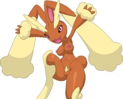 big_breasts breasts female furry jumping looking_at_viewer lopunny nipples open_mouth pokemon pokemon_(species) pubes pussy solo transparent_background warnerc wide_hips