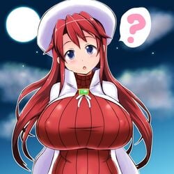 ? aty blue_eyes blush cape hat huge_breasts long_hair red_hair summon_night summon_night_3 tagme turtleneck