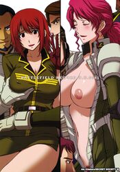 2girls bodysuit breasts female female_focus freckles gundam gundam_battlefield_record_uc_0081 highres hilde_nietzsche human inverted_nipples jumpsuit kitahara_aki large_breasts light-skinned_female light_skin male military military_uniform nipples no_bra normal_suit philine_istel pilot_suit pink_hair ponytail pubic_hair red_hair tied_hair uniform unzipped v zeon