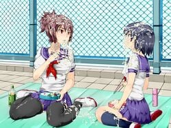 black_hair blush breasts brown_hair bukkake cum cum_in_mouth cum_on_clothes cum_on_food cum_on_hair expressionless facial female food hair hypnosis hypnotized large_breasts mind_break mind_control multiple_girls nyuu_(manekin-eko) red_eyes school_uniform short_hair small_breasts time_stop