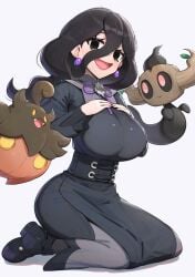 1girls absurdres alternate_breast_size_(larger) bakeccha black_corset black_dress black_eyes black_hair black_pantyhose black_sclera bokurei breasts closed_mouth colored_sclera corset dress earrings empty_eyes fangs female female_only gonzarez hair_between_eyes hex_maniac hex_maniac_(pokemon_legends:_z-a) highres jewelry juliet_sleeves kneeling large_breasts leaf long_hair long_sleeves looking_at_viewer neck_ribbon nintendo occult_maniac occult_maniac_(pokemon) occult_maniac_(pokemon_legends:_z-a) occult_maniac_(z-a) open_mouth pantyhose phantump pink_eyes pokemon pokemon_(creature) pokemon_legends:_z-a puffy_sleeves pumpkaboo purple_eyes purple_ribbon ribbon seiza simple_background sitting smile solo yellow_eyes yellow_sclera