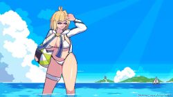 alternate_breast_size_(larger) animated arcueid_brunestud beach beach_ball bikini blonde_hair blue_ribbon boat breasts cleavage cropped_jacket female floating_hair gold_trim hair_between_eyes hand_up happy huge_breasts jacket legband ocean open_mouth outdoors pixel_art raptorbr raptorbr_(artist) red_eyes ribbon smile swimsuit tagme thick_thighs thighs tsukihime tsukihime_(remake) video volleyball watercraft white_bikini white_jacket wide_hips