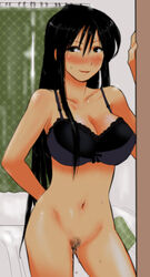 1girls after_sex black_bra black_eyes black_hair blush bottomless bra breasts cleavage curtains doorway female female_only genshiken higashi_norin highres huge_breasts large_breasts long_hair no_panties oono_kanako pubic_hair pussy pussy_juice pussy_juice_drip solo solo_female sweat underwear underwear_only